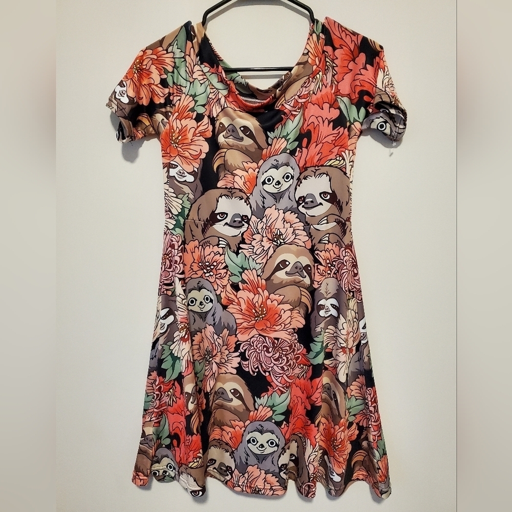 Floral Sloth Print Stretchy Dress New Without Tags